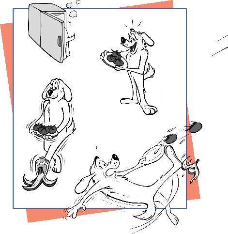 illustration of a series of cartoon character dogs getting tomatoes from refrigerator, slipping on banana peel and dropping tomatoes