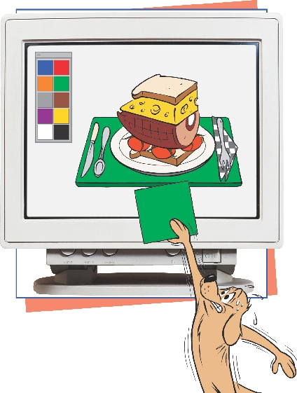 illustration of cartoon dog adding green color to picture of placement on computer screen