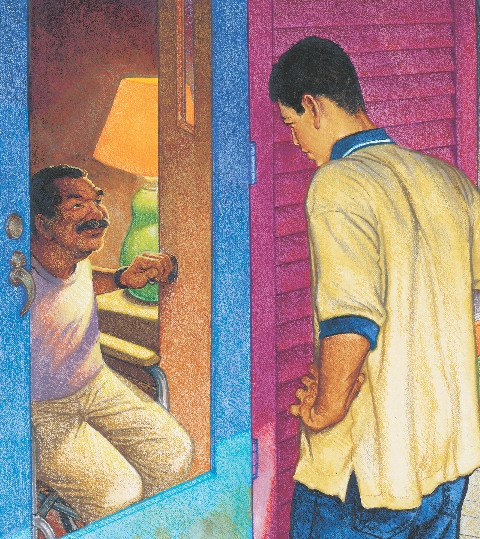 illustration of Carlos talking to Mr. Chase through a screen door