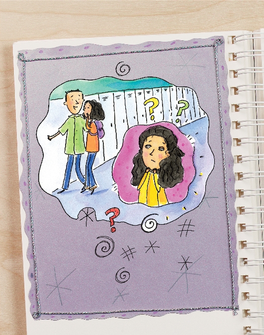 illustration of a boy and girl together with unhappy-looking girl watching them