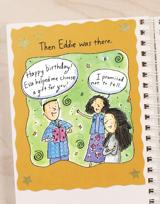 illustration of Eddie, Eva, and Veronica in the scrapbook; Eddie is holding a gift